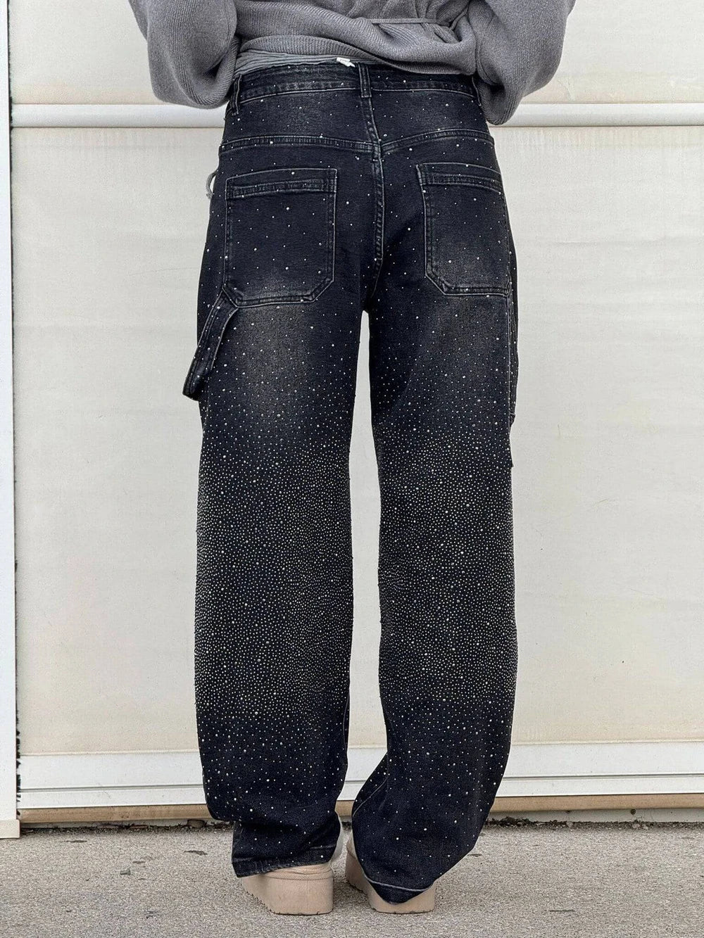 Rhinestone Embellished High Waist Wide Leg Jeans