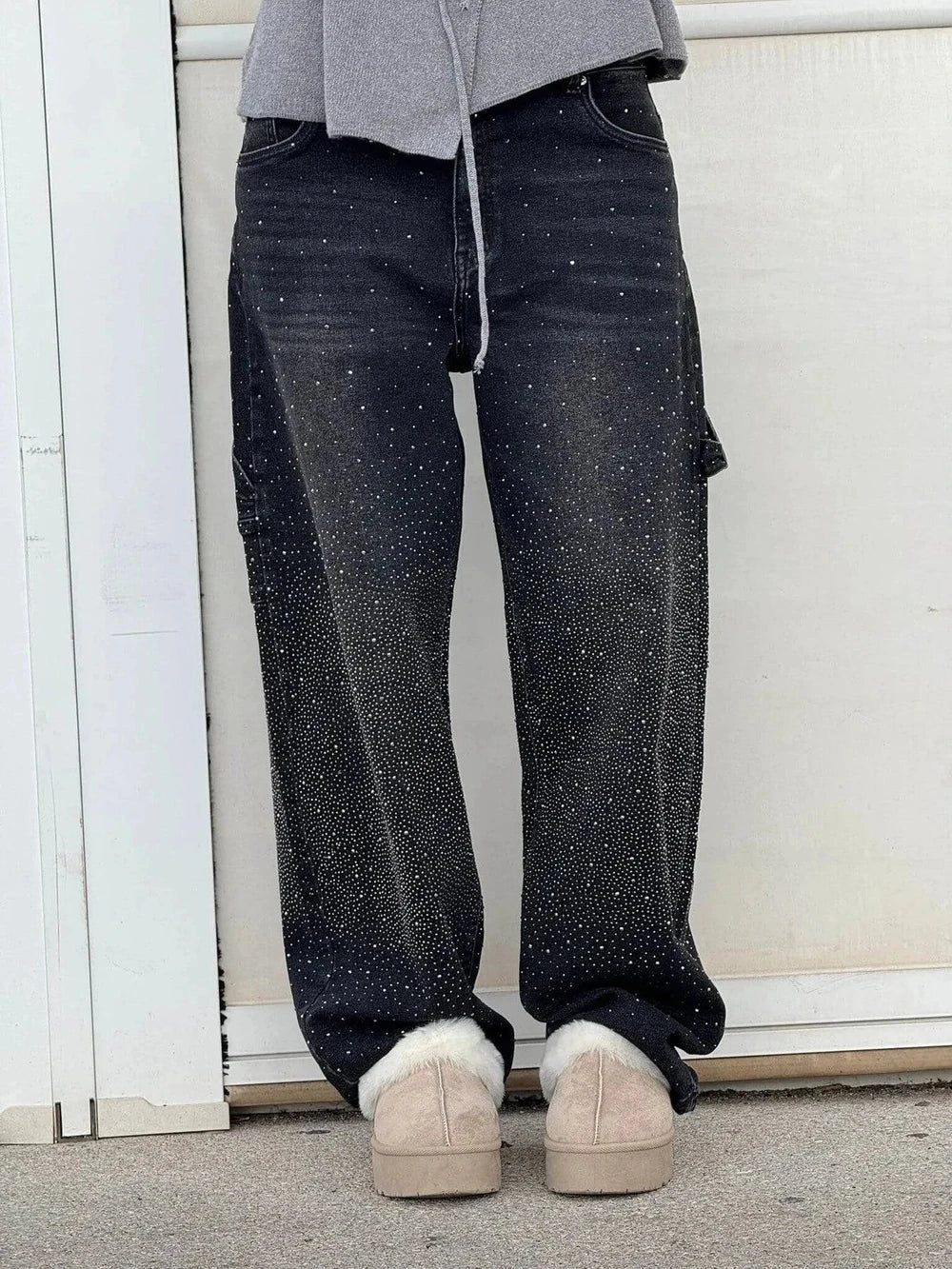 Rhinestone Embellished High Waist Wide Leg Jeans