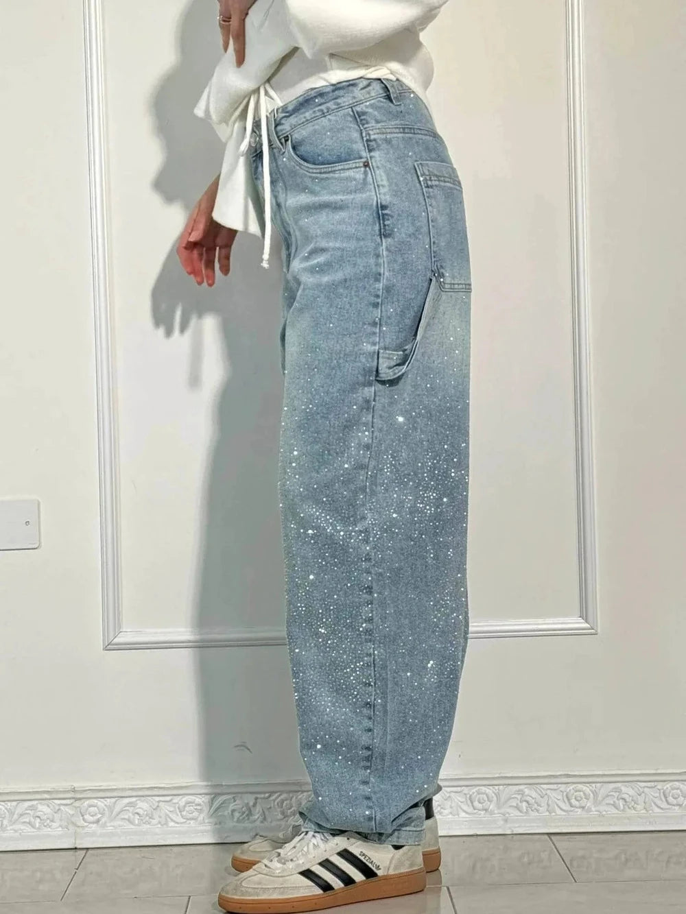 Rhinestone Embellished High Waist Wide Leg Jeans