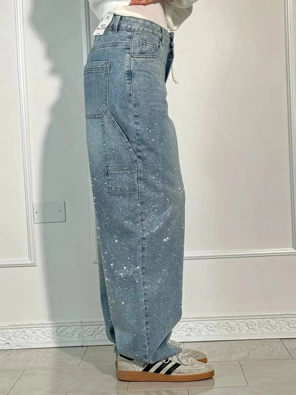 Rhinestone Embellished High Waist Wide Leg Jeans