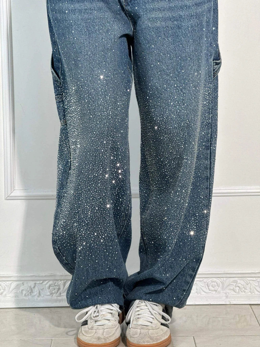 Rhinestone Embellished High Waist Wide Leg Jeans