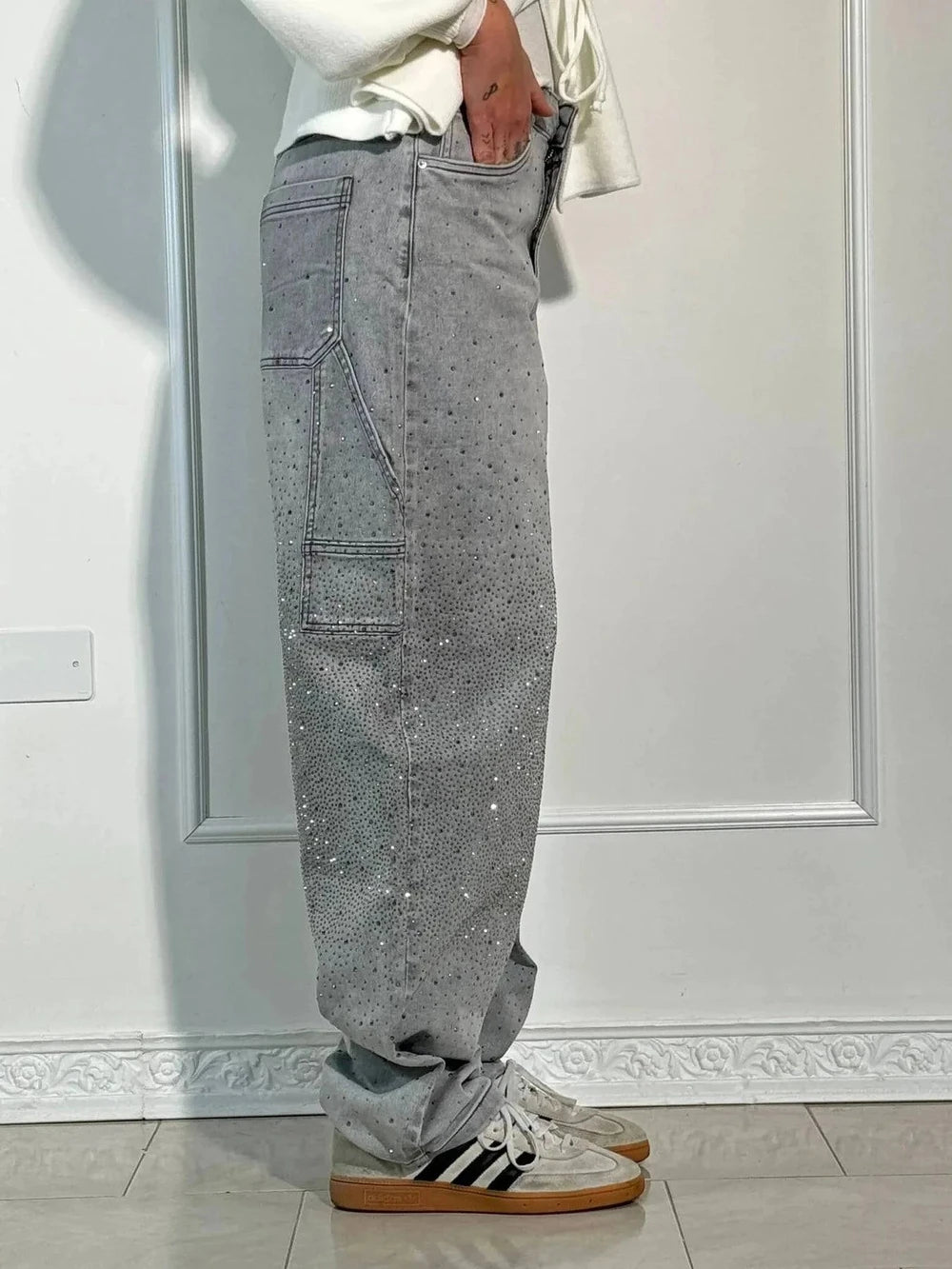 Rhinestone Embellished High Waist Wide Leg Jeans
