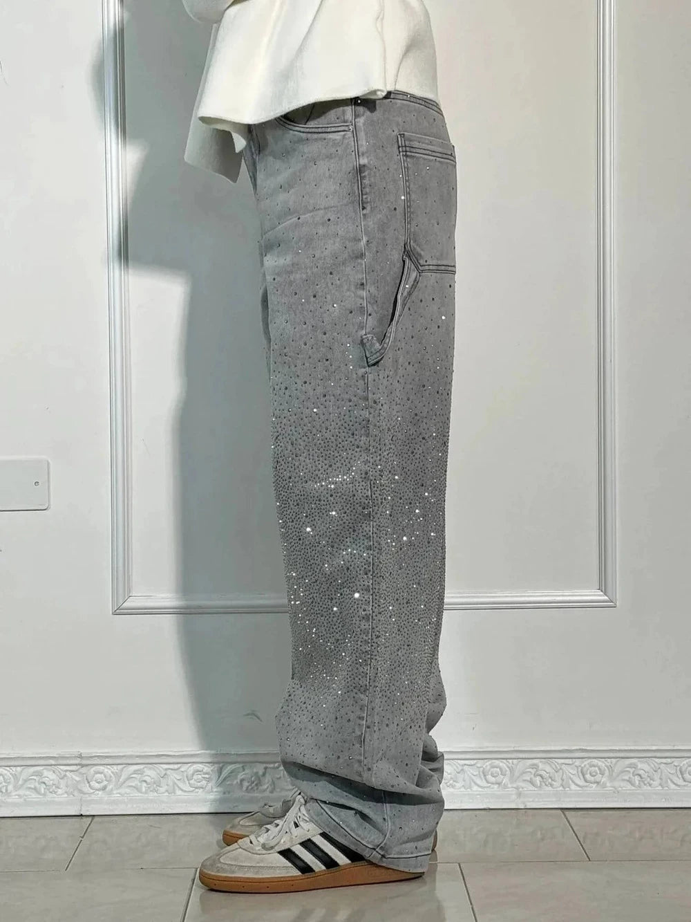 Rhinestone Embellished High Waist Wide Leg Jeans