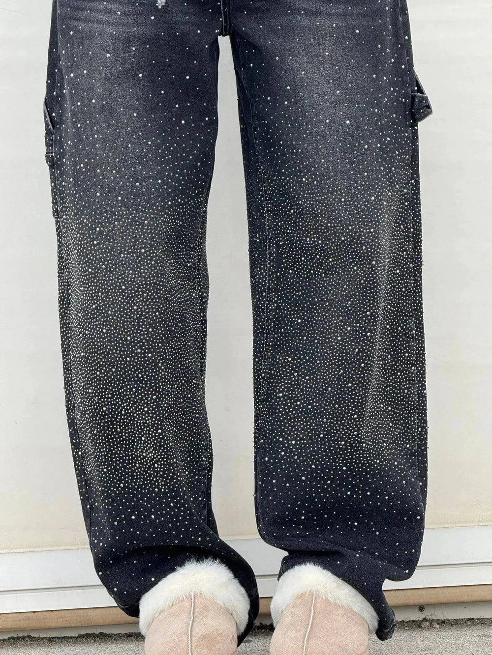 Rhinestone Embellished High Waist Wide Leg Jeans