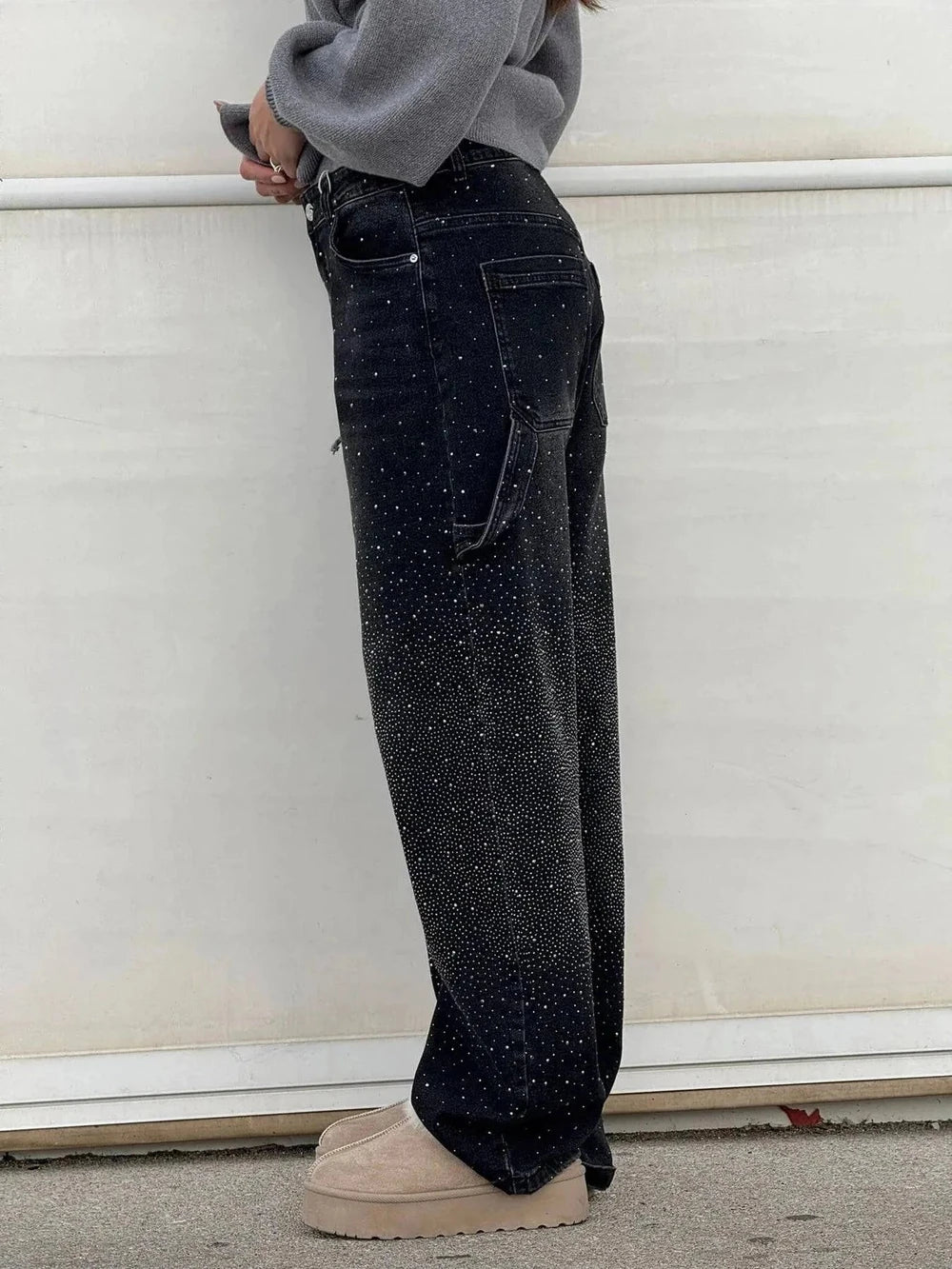 Rhinestone Embellished High Waist Wide Leg Jeans