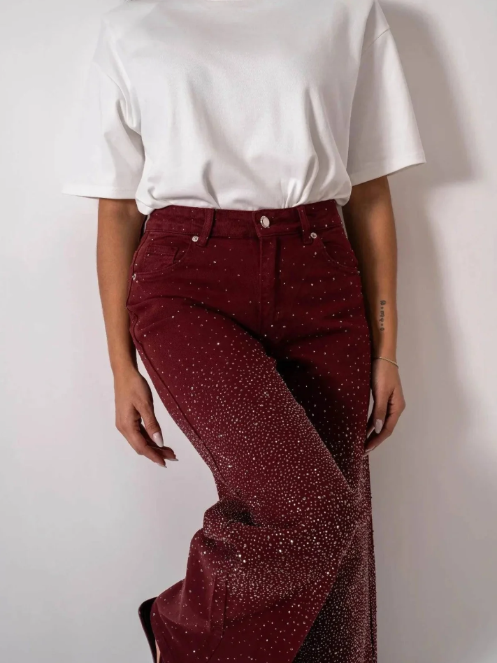 Rhinestone Embellished High Waist Wide Leg Jeans
