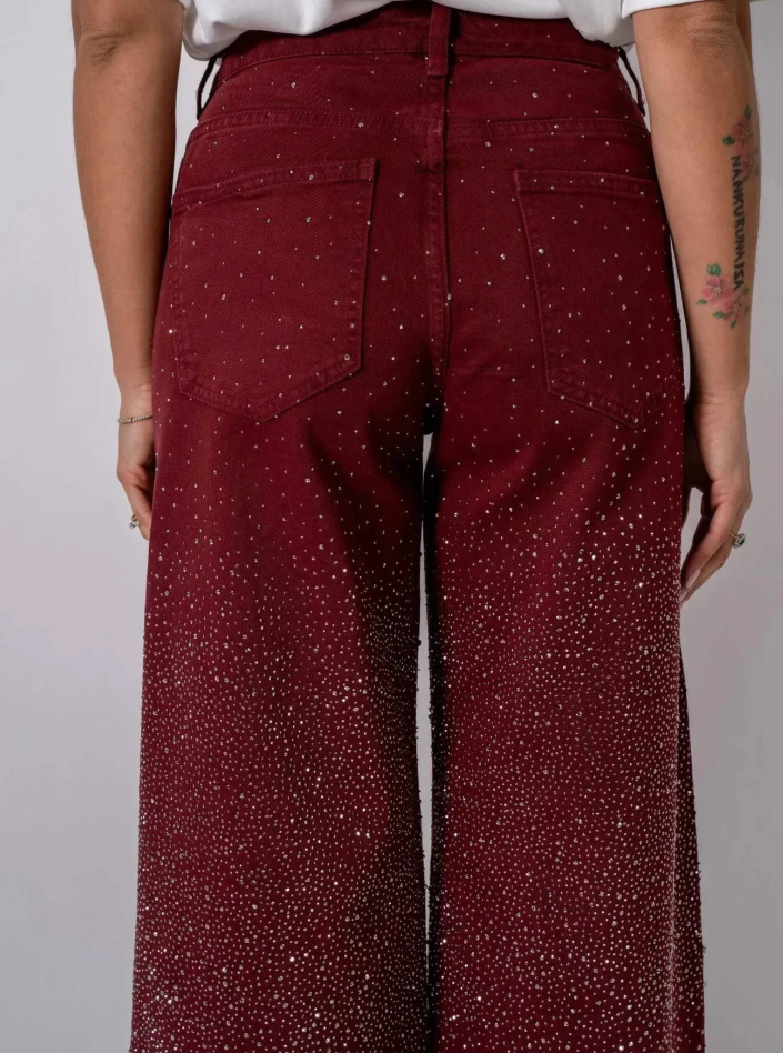 Rhinestone Embellished High Waist Wide Leg Jeans